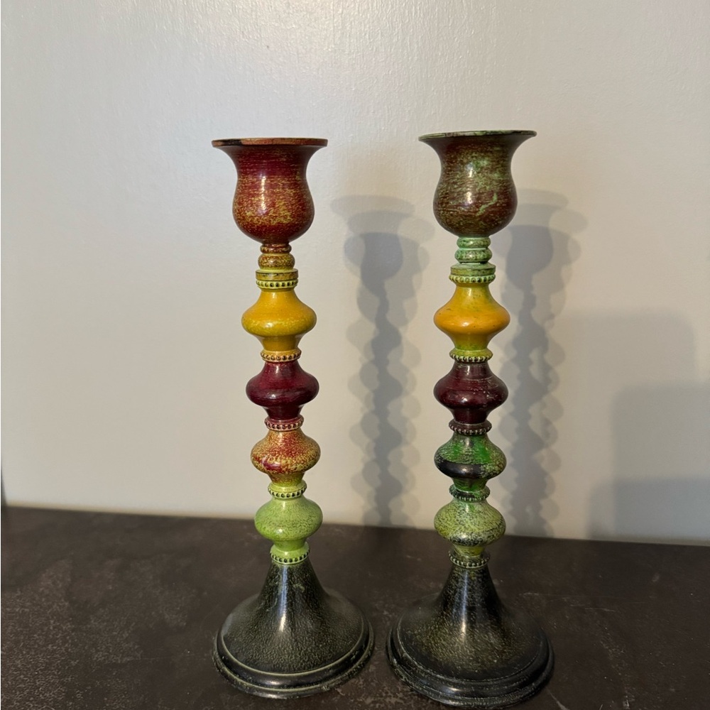 Multicolor Boho Decorative Candlestick Pair - Green, Yellow, Red/Burgundy